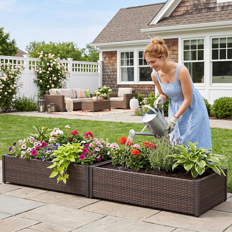Giantex Raised Garden Bed, PE Rattan Elevated Planter Box with Open-Ended Base