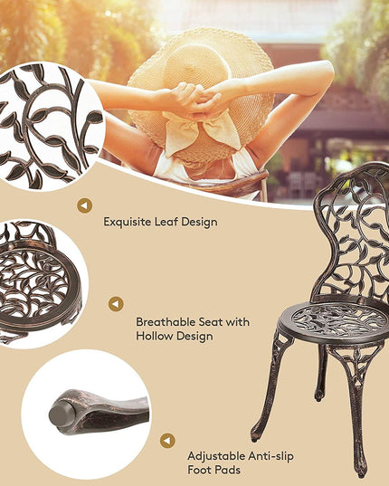 3 Piece Bistro Set Cast Leaf Design Antique Outdoor Patio Furniture Weather Resistant Garden Round Table and Chairs (Leaf Design) - Giantexus