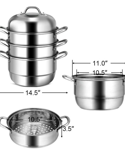 3-Layer Stainless Steel Steamer Pot for Cooking Soup and Steaming Food (Silver) - Giantexus