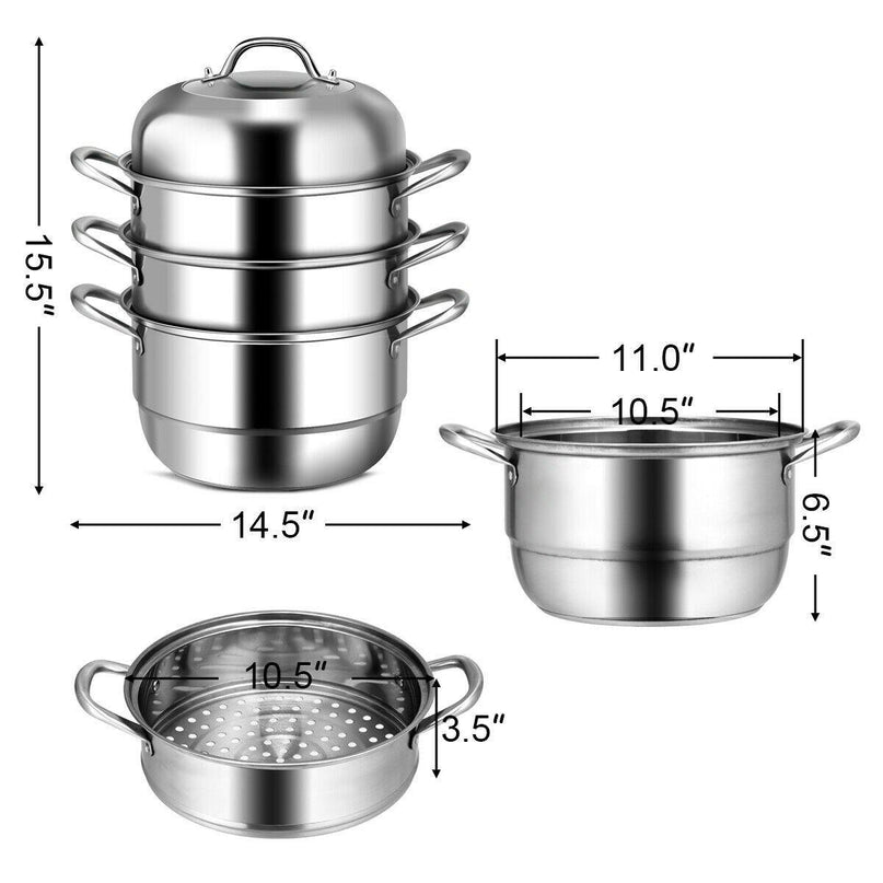 3-Layer Stainless Steel Steamer Pot for Cooking Soup and Steaming Food (Silver) - Giantexus