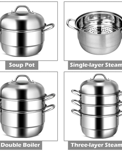 3-Layer Stainless Steel Steamer Pot for Cooking Soup and Steaming Food (Silver) - Giantexus
