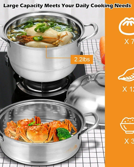 3-Layer Stainless Steel Steamer Pot for Cooking Soup and Steaming Food (Silver) - Giantexus