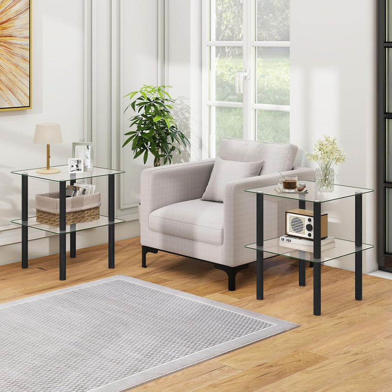 Giantex Square End Table, 2-Tier Sofa Side Table with Clear Tempered Glass Top & Shelf