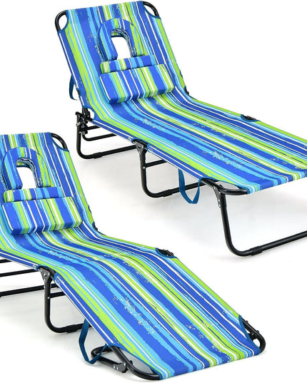 Giantex Folding Beach Tanning Chair - Adjustable Patio Lounge Chair w/Face Hole, Removable Pillows, Carry Strap