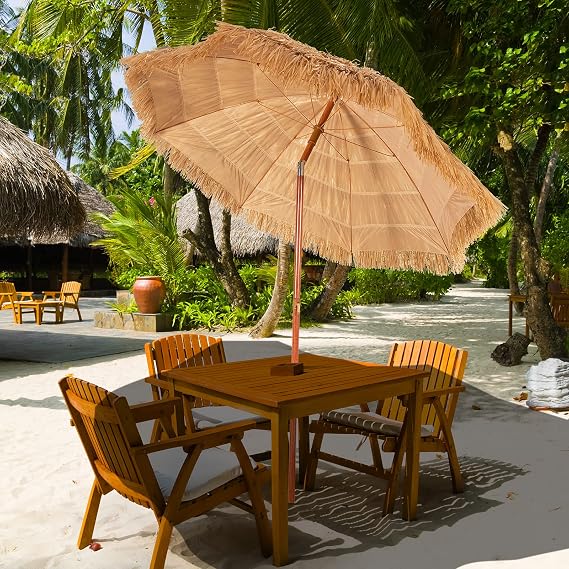 Giantex Thatched Tiki Umbrella, Hawaiian Style Patio Grass Umbrella with 8 Ribs & Tilt Adjustment