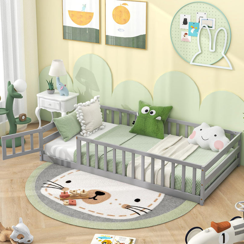 Giantex Floor Bed with Door & Fence Kids Wood Montessori Bed