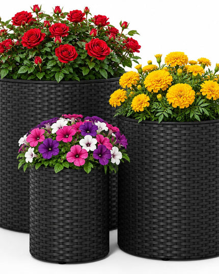GIANTEX Set of 3 Rattan Round Flower Pot Set