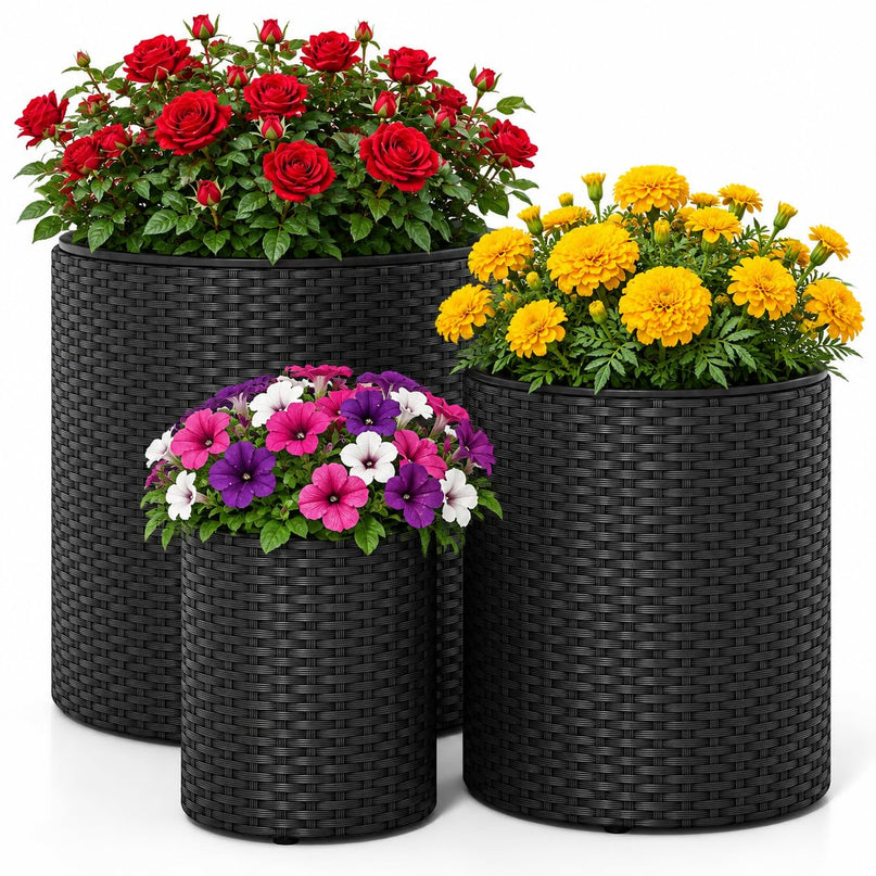 GIANTEX Set of 3 Rattan Round Flower Pot Set