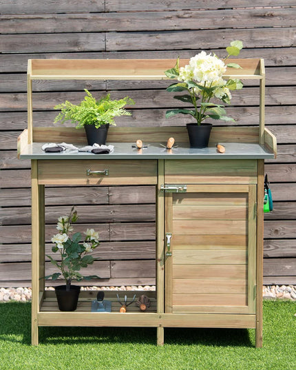 Potting Bench Table for Outside Natural Wood Garden Plant Lawn Patio Table
