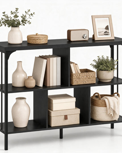 GIANTEX 3-Tier Industrial Low Wide Bookshelf w/ 5 Cube Storage Organizer