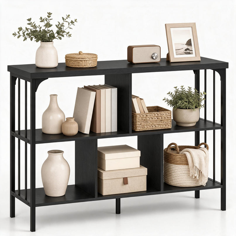 GIANTEX 3-Tier Industrial Low Wide Bookshelf w/ 5 Cube Storage Organizer