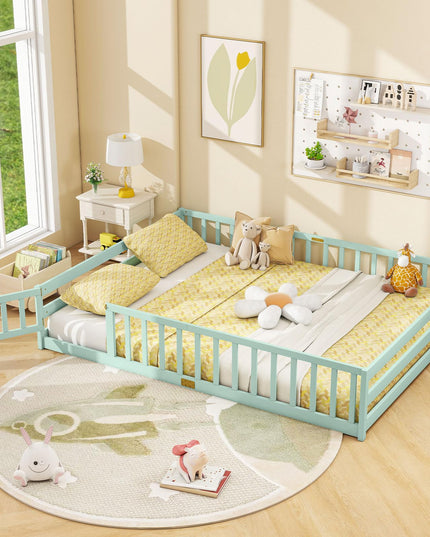 Giantex Floor Bed with Door & Fence Kids Wood Montessori Bed