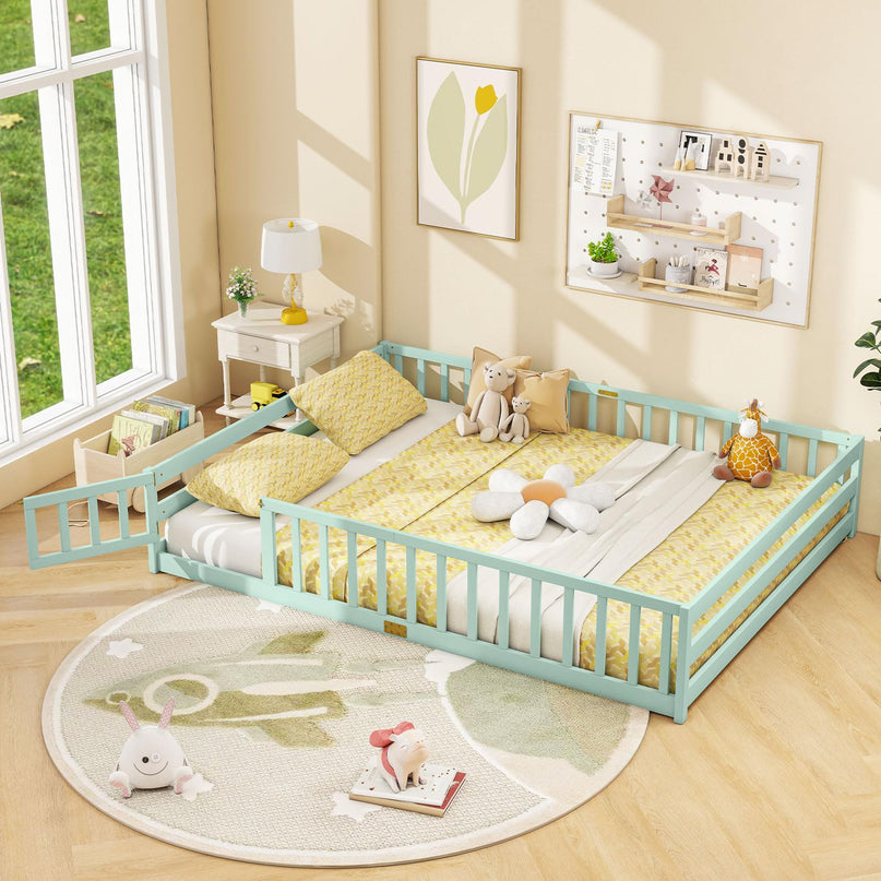 Giantex Floor Bed with Door & Fence Kids Wood Montessori Bed