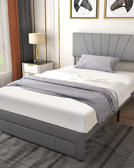 Giantex Upholstered Queen Bed Frame with Drawer, Modern Platform Bed with Storage & Adjustable Headboard