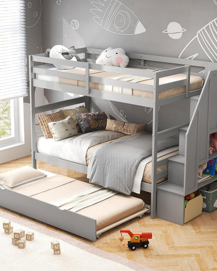 Giantex Twin Over Twin Bunk Bed with Trundle and Storage Stairs, Solid Wood Bunk Bed Convertible 3 Bed Frames for Bedroom