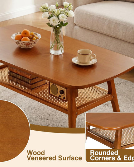 Giantex Rattan Coffee Table, 39.5" Wood Center Table with Storage & Solid Rubber Wood Legs