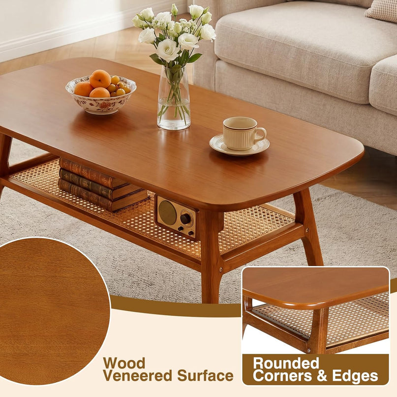 Giantex Rattan Coffee Table, 39.5" Wood Center Table with Storage & Solid Rubber Wood Legs