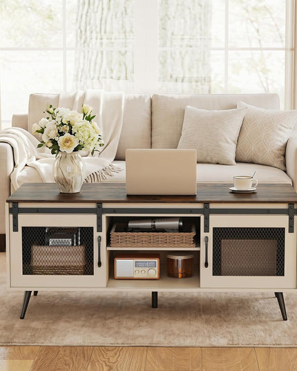 Giantex 48" Farmhouse Coffee Table with Sliding Doors