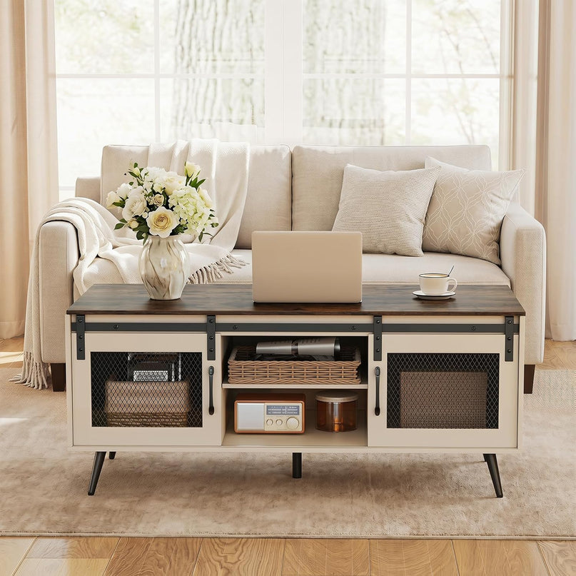 Giantex 48" Farmhouse Coffee Table with Sliding Doors