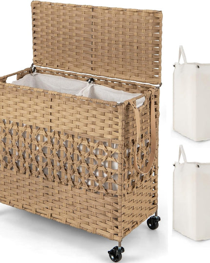 Panier à Linge Giantex avec Roues et Couvercle, Panier à Linge en Osier de 125L (33 Gal), 2 Sacs Intérieurs Amovibles