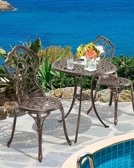 3 Piece Bistro Set Cast Leaf Design Antique Outdoor Patio Furniture Weather Resistant Garden Round Table and Chairs (Leaf Design) - Giantexus