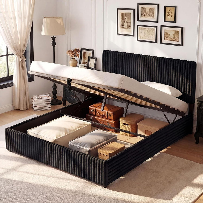 Lit de rangement relevable Giantex Queen Size avec tête de lit capitonnée à chevrons et oreilles.
