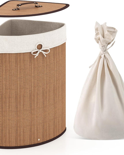 Giantex Corner Laundry Hamper with Lid, Bamboo Laundry Basket with Removable Liner and Handle