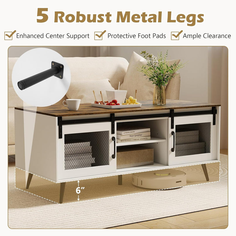 Giantex 48" Farmhouse Coffee Table with Sliding Doors