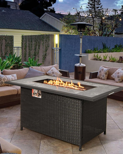 Giantex Outdoor Propane Fire Table - 52-inch Outdoor PE Rattan Propane Fire Table with Metal Lid