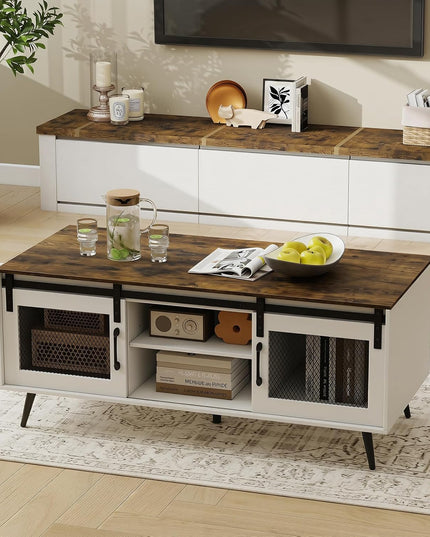 Giantex 48" Farmhouse Coffee Table with Sliding Doors