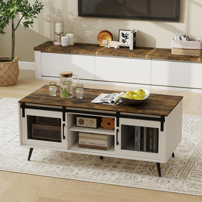 Giantex 48" Farmhouse Coffee Table with Sliding Doors