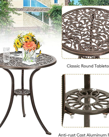 3 Piece Bistro Set Cast Leaf Design Antique Outdoor Patio Furniture Weather Resistant Garden Round Table and Chairs (Leaf Design) - Giantexus