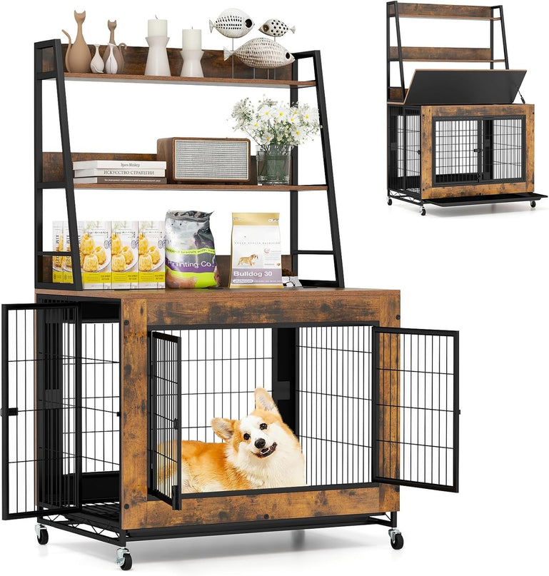 Giantex 38" Dog Crate Furniture with Storage Shelves