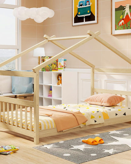 Giantex House Bed Twin, Solid Wood Kids House Bed with Roof