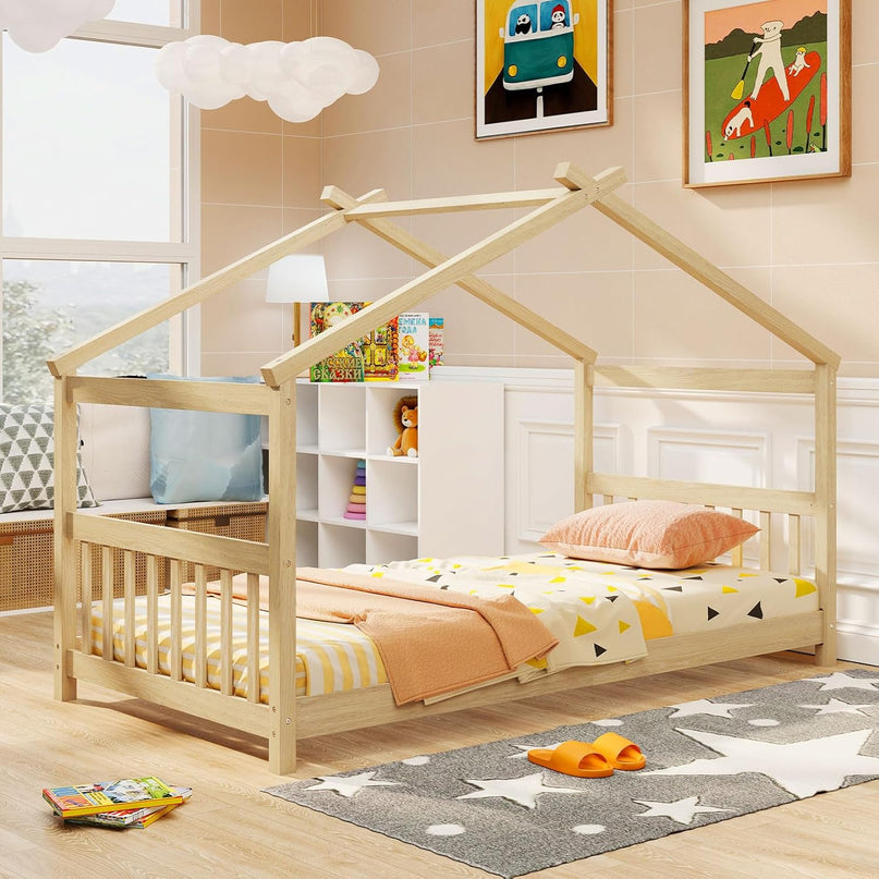 Giantex House Bed Twin, Solid Wood Kids House Bed with Roof