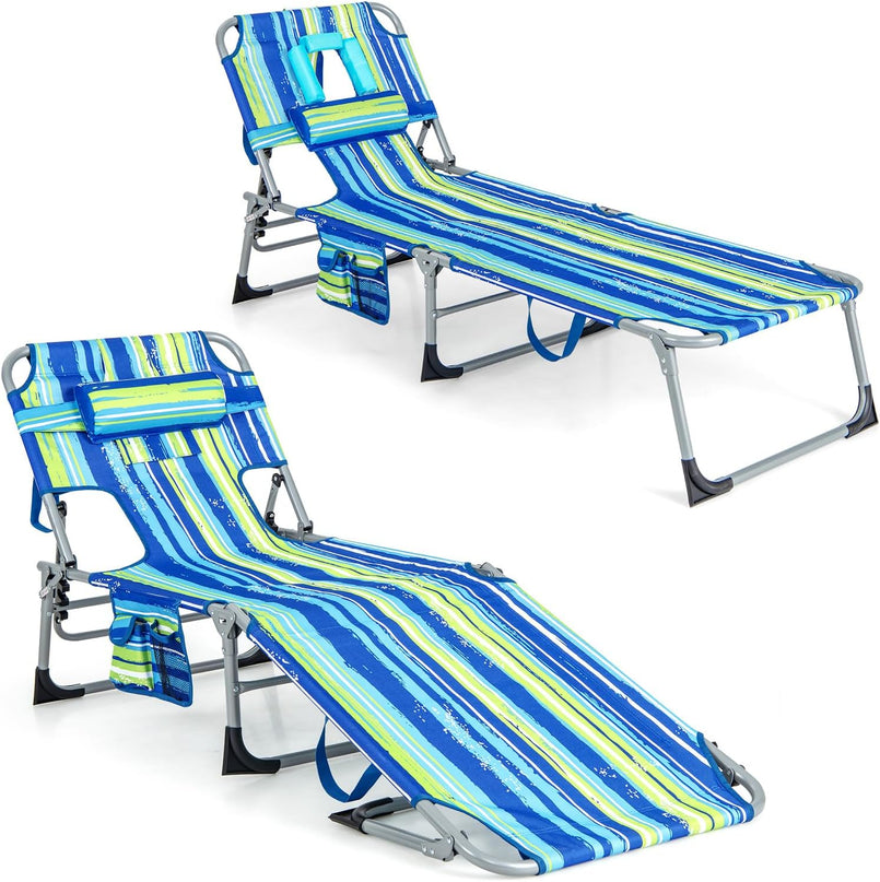 Giantex Tanning Chair Folding Beach Chair w/Face Arm Hole, Washable Pillow, Pocket