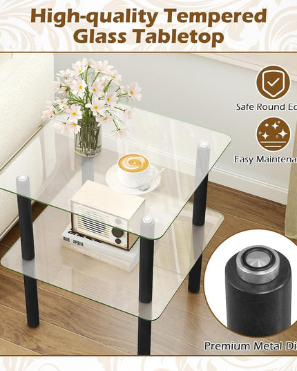 Giantex Square End Table, 2-Tier Sofa Side Table with Clear Tempered Glass Top & Shelf