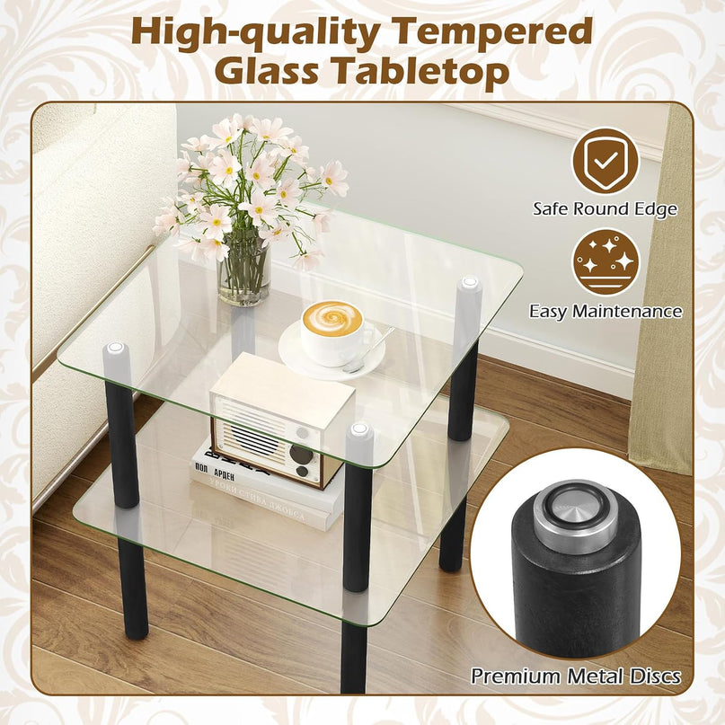 Giantex Square End Table, 2-Tier Sofa Side Table with Clear Tempered Glass Top & Shelf