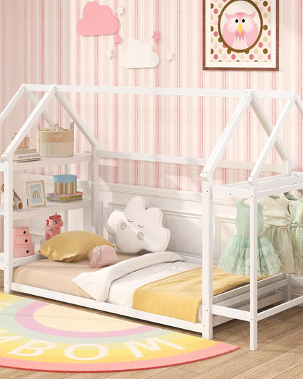 Giantex Twin Floor Bed, Wood Montessori Floor Bed with Detachable 3 Tier Storage Bookshelf & Clothes Rack