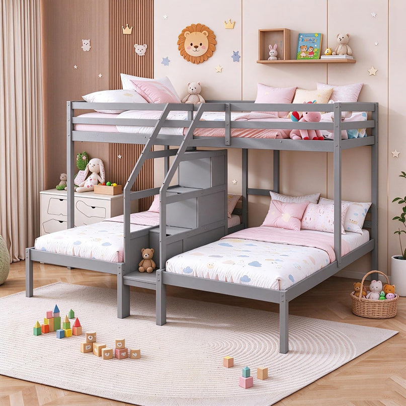 Giantex Lit Superposé Triple (Lits Jumeaux sur Lits Jumeaux et Lits Jumeaux) avec Escalier de Rangement à 4 Marches, 3 Lits Superposés en Bois pour Enfants et Adolescents