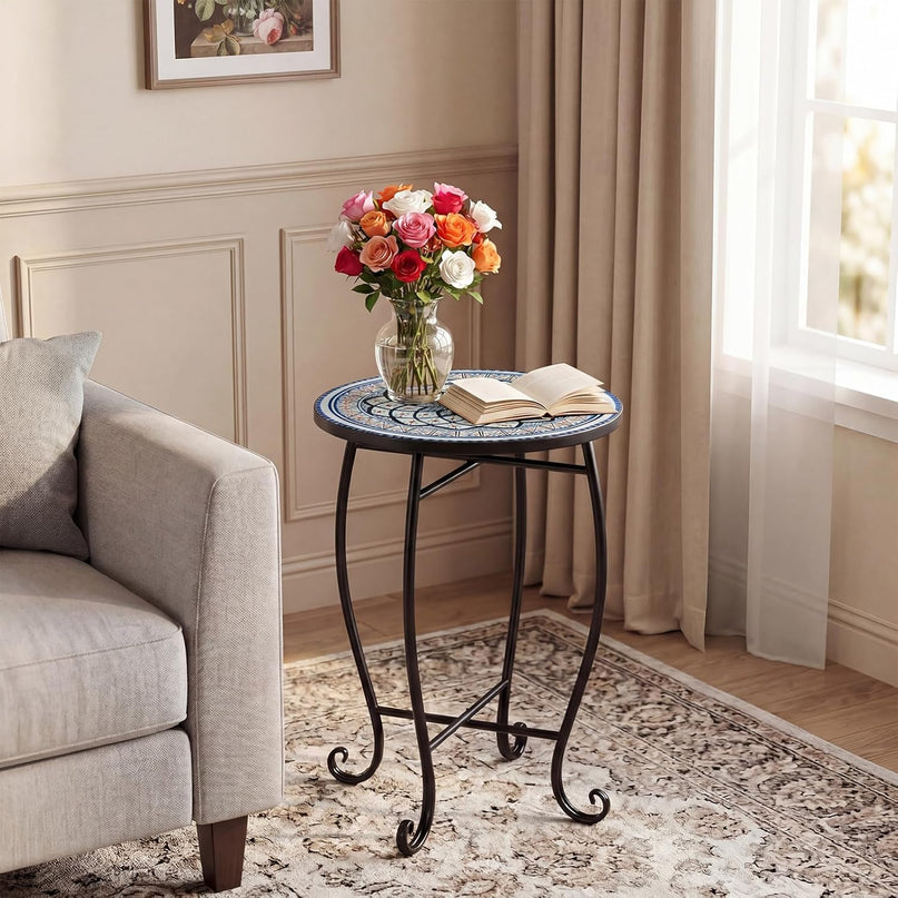 Giantex Outdoor Side Table, Blooming Lotus Mosaic Patio Accent Table