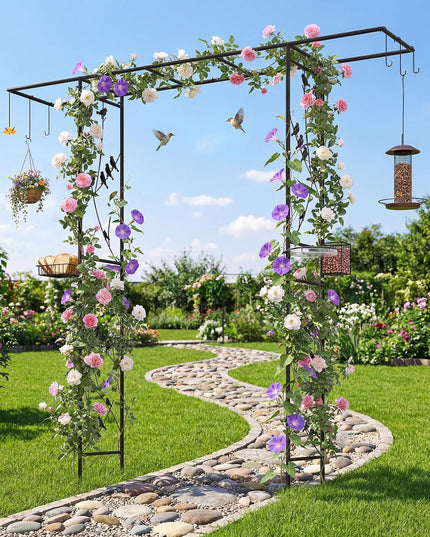 Giantex 213 cm Garden Arbor Feeding Station, Heavy-Duty Arch Trellis w/Water Bowl, Mesh Tray, Suet Feeder & Hanging Kit for Attracting Wild Birds & Supporting Climbing Plants, Tall Outdoor Archway