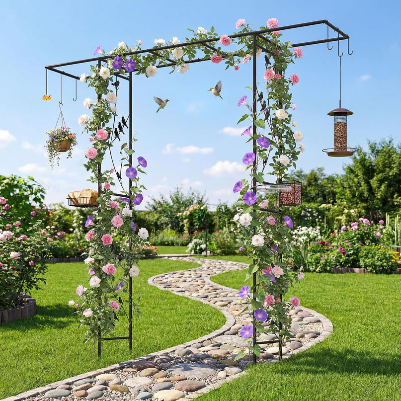 Giantex 213 cm Garden Arbor Feeding Station, Heavy-Duty Arch Trellis w/Water Bowl, Mesh Tray, Suet Feeder & Hanging Kit for Attracting Wild Birds & Supporting Climbing Plants, Tall Outdoor Archway