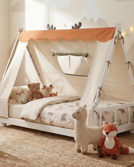 Giantex Twin Floor Bed for Kids, House Wood Bed Frame with Tent