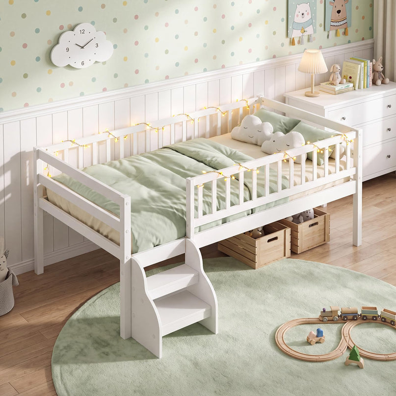 Giantex Low Profile Twin Size Platform Bed Frame with Stairs & Safety Guardrails