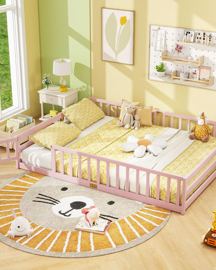 Giantex Floor Bed with Door & Fence Kids Wood Montessori Bed