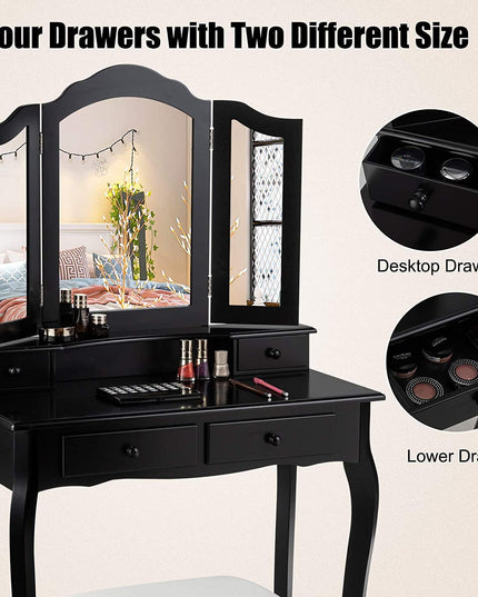 Vanity Table Set with Tri-Folding Mirror and 4 Drawers - Giantexus