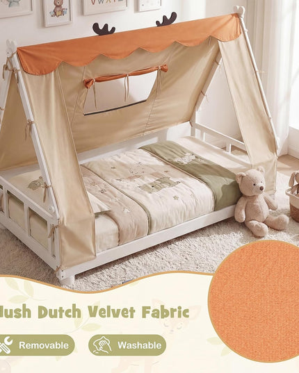 Giantex Twin Floor Bed for Kids, House Wood Bed Frame with Tent