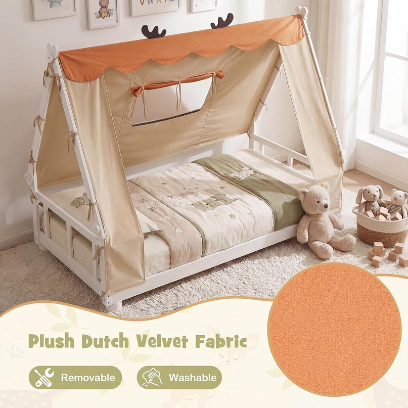Giantex Twin Floor Bed for Kids, House Wood Bed Frame with Tent