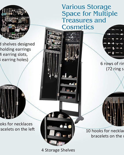 Jewelry Cabinet with Full-Length Mirror, Standing Jewelry Armoire Organizer